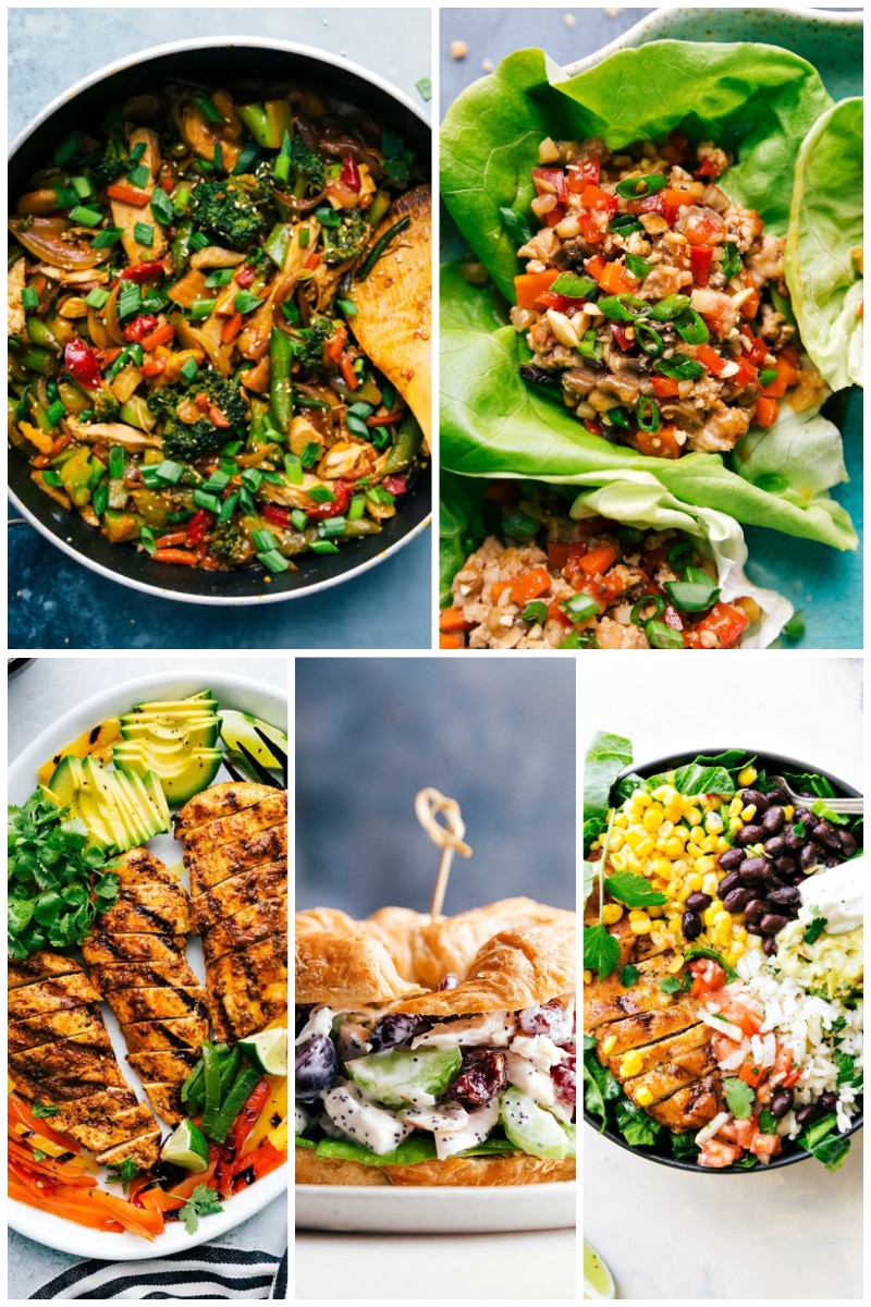 Images of 5 different healthy chicken dinner recipes