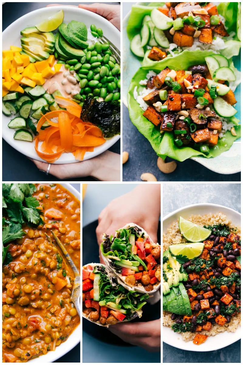 5 images of different vegetarian dishes
