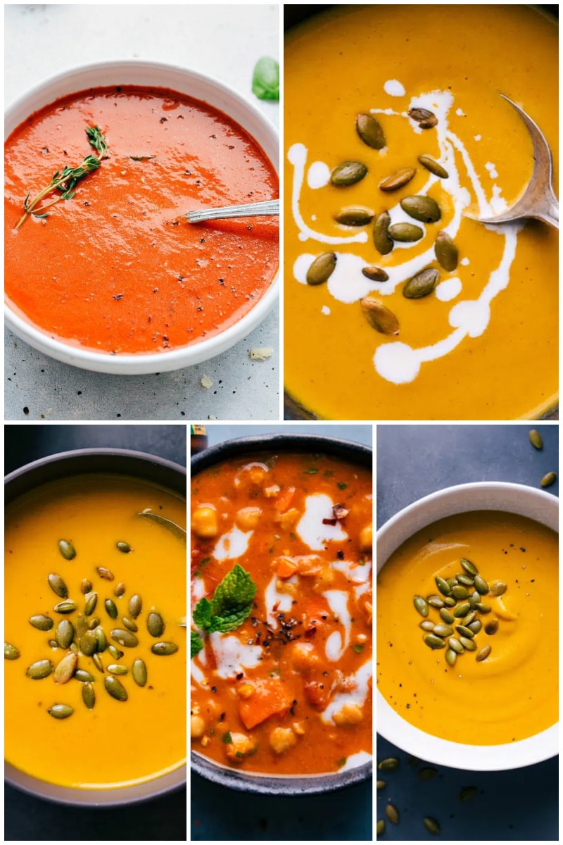 Collage of vegan and vegetarian soups