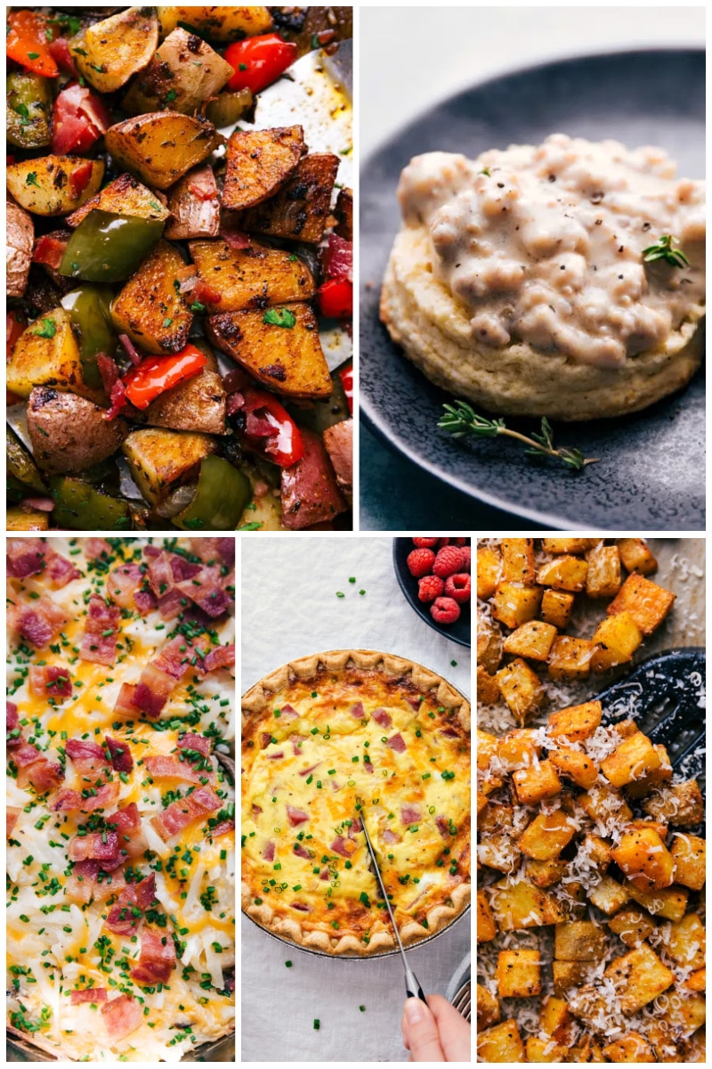Collage of hearty breakfast dishes