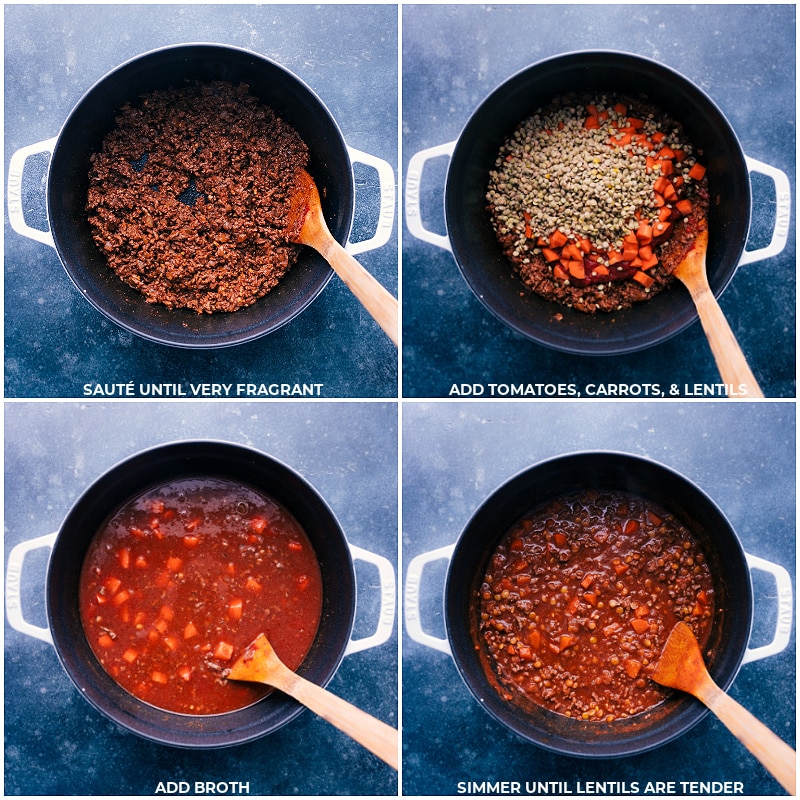 Process shots of Beef Lentil Soup-- images of the tomatoes, carrots, and lentils being added to the pot