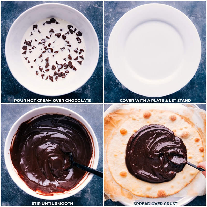 Process shots: Pour hot cream over chocolate: cover with a plate and let stand; stir until smooth; spread over baked crust