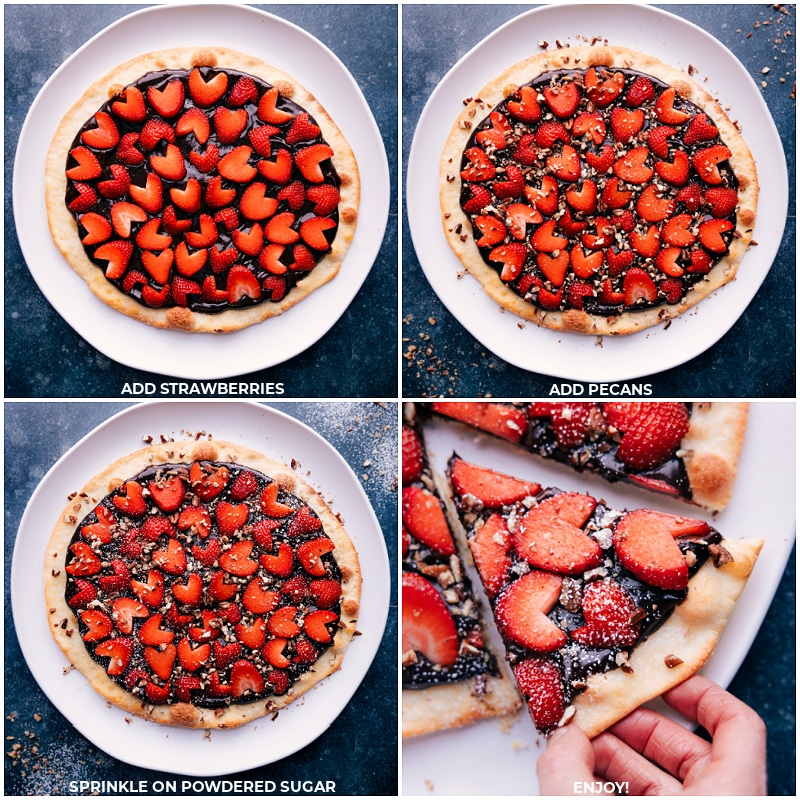 Process shots: Add strawberries to the pizza, followed by pecans and a sprinkle of powdered sugar. Slice and serve.