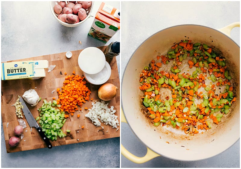 Cutting vegetables on a cutting board and sautéing in a pan