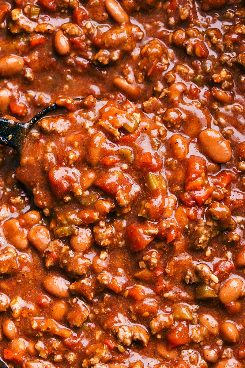 Up-close and overhead shot of the Crockpot Chili in the slow cooker.