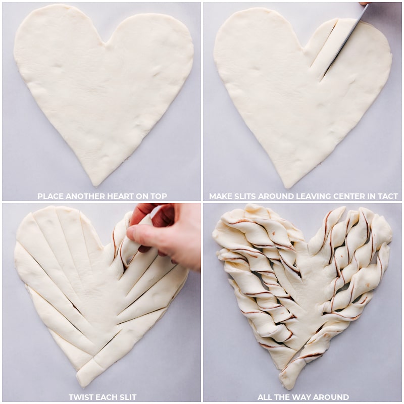 Process steps: place the hearts layered with Nutella together; make slits around, leaving the center intact; twist each slit; proceed all the way around the heart.
