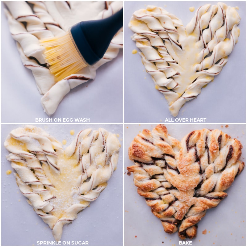 Process shots of the puff pastry heart: brush an egg wash over the heart; sprinkle with sugar; bake.