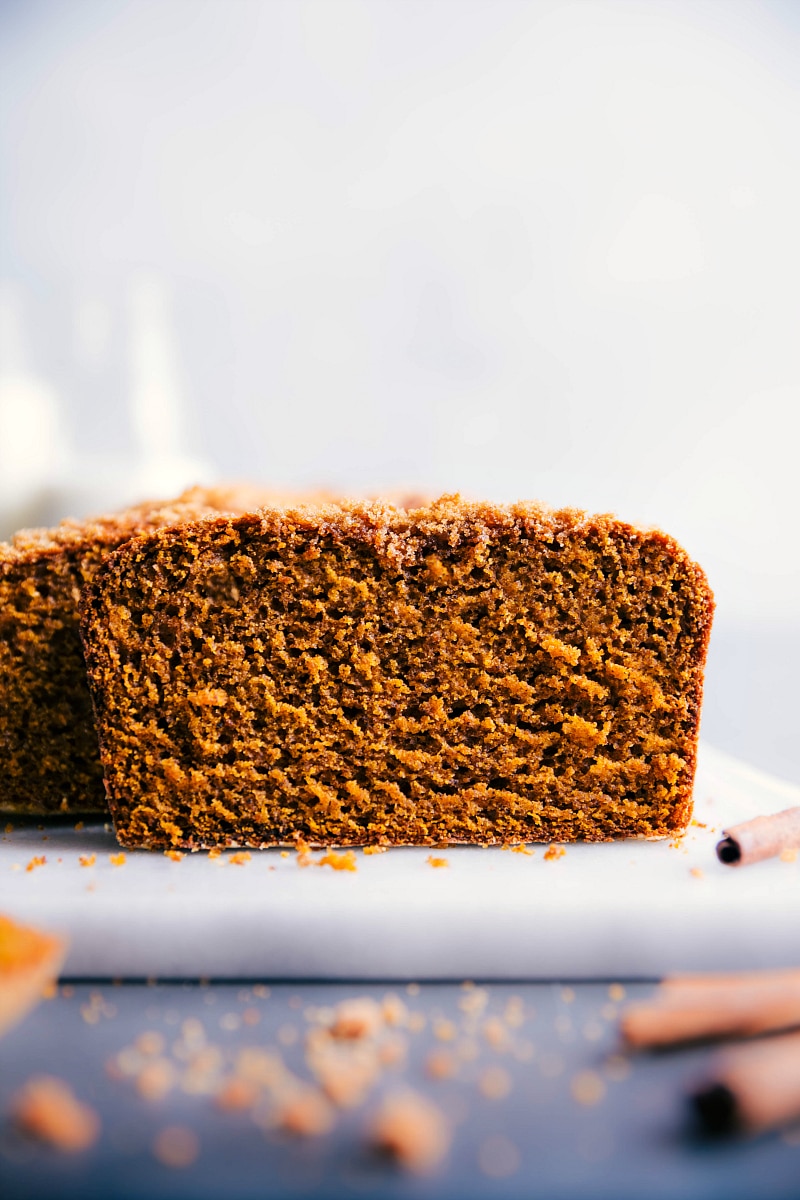 Image of a slice of pumpkin bread cut out from the main loaf