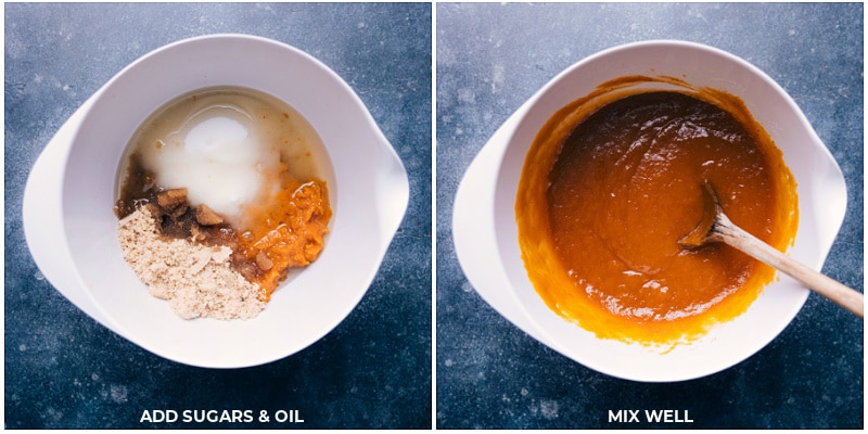 Process shots of pumpkin muffins-- images of the sugars and oil being added to the pumpkin and it all being mixed together