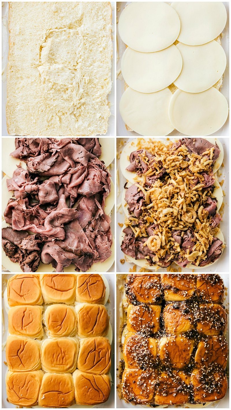 The best possible version of French Dip sandwiches -- made into SIMPLE oven-baked sliders with a delicious buttery topping! via chelseasmessyapron.com