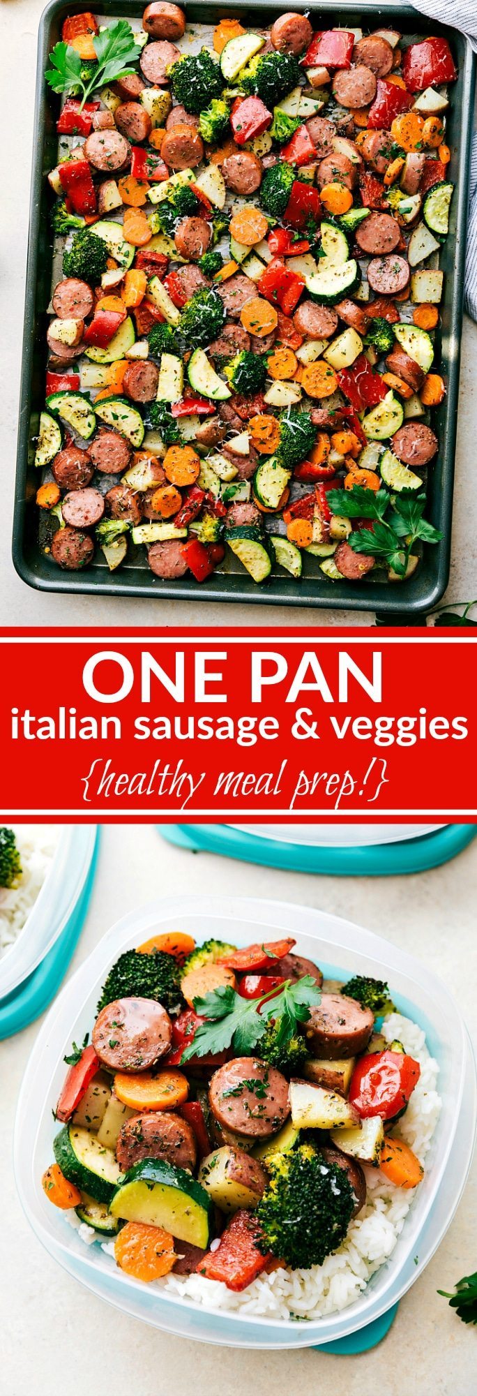 ONE PAN Healthy Italian Sausage & Veggies! Easy and delicious! Great MEAL PREP OPTION! via chelseasmessyapron.com
